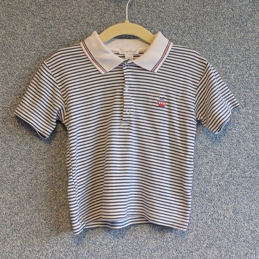 Kissy Kissy Boys Size 3T White Navy Stripe Embroidered Sailboat Pima Cotton Polo